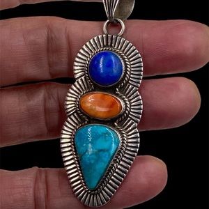 Albert Jake Navajo Sterling Turquoise Spiny Oyster Lapis Pendant